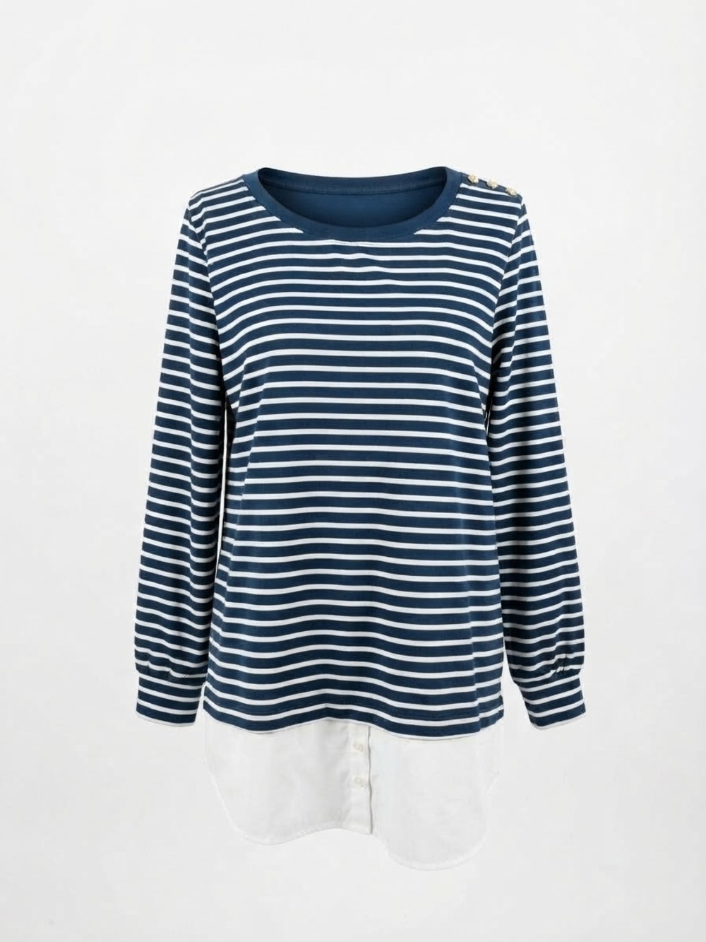 Isaac Mizrahi Navy and White Striped Long-Sleeve Top with Faux Layered Hem